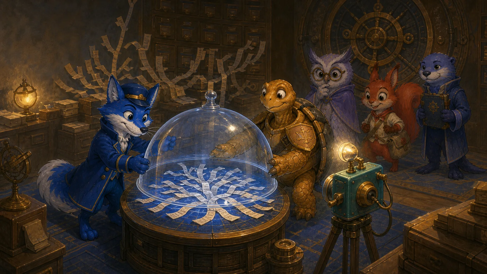 Captain Root and Sentinel cover a branching paper blueprint with a glass bell while a brass camera captures the current state