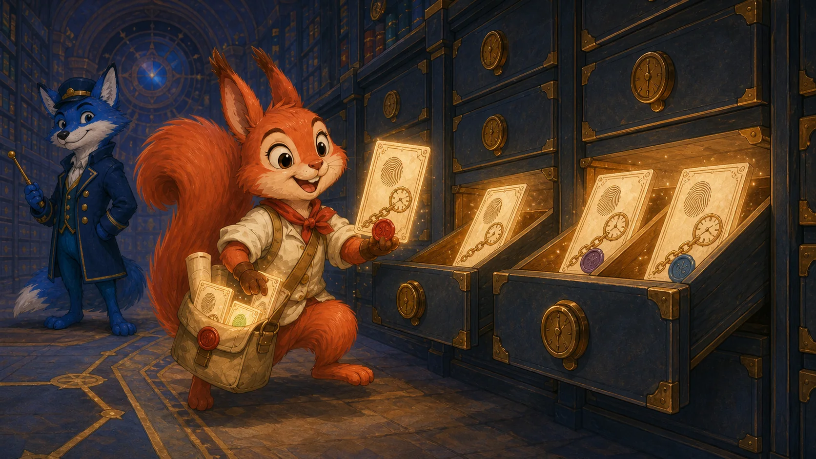 Scout Pixel retrieves evidence cards with fingerprints, clocks, links and wax seals from precisely labeled file drawers