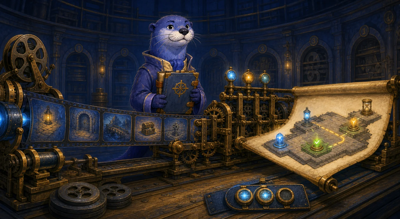 Ledger the otter runs a brass film machine: ordered event frames enter on the left and a stage map of ready, waiting and completed states emerges on the right