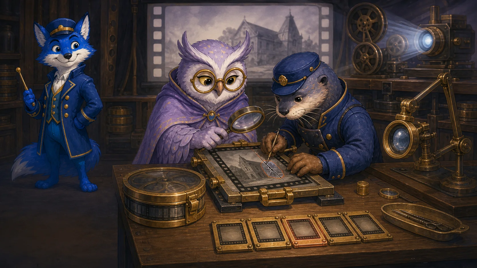 Vera inspects a packaged film with a magnifier while a repairer fixes one crack; five bounded repair tickets and a final wide-angle lens lie on the desk