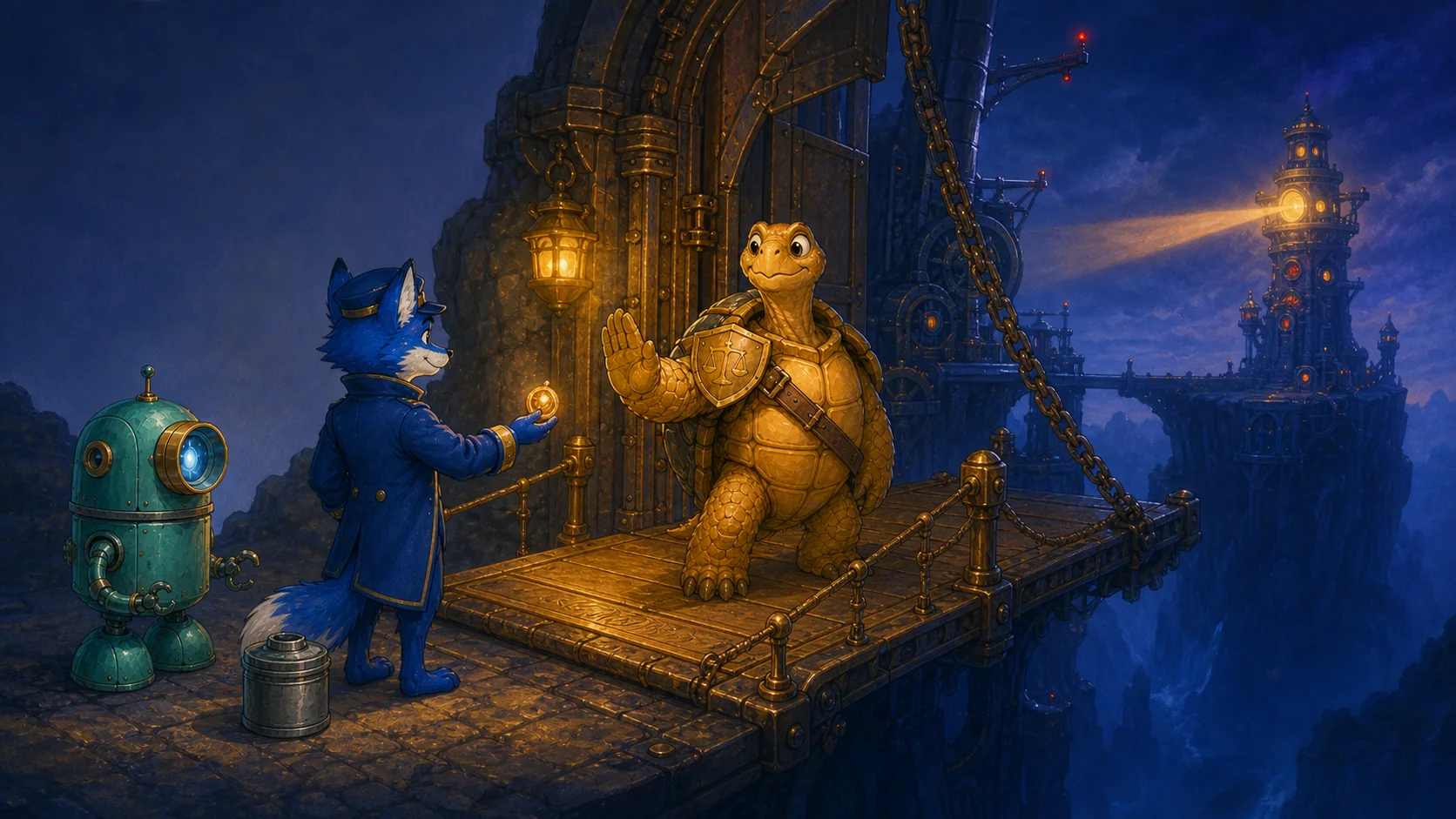 Sentinel the tortoise blocks a bridge over a ravine; Captain Root presents a single glowing token while Echo waits beside sealed film canisters