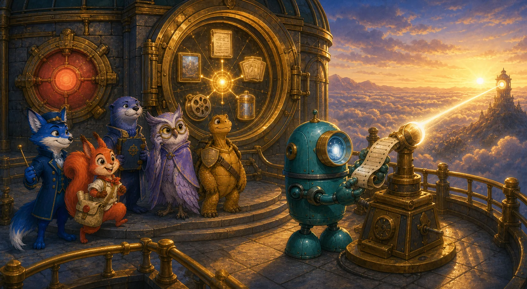 Echo the robot aligns with a distant provider beacon at a sunrise archive observatory; receipt rolls, evidence, ledger and review illuminate the completion vault